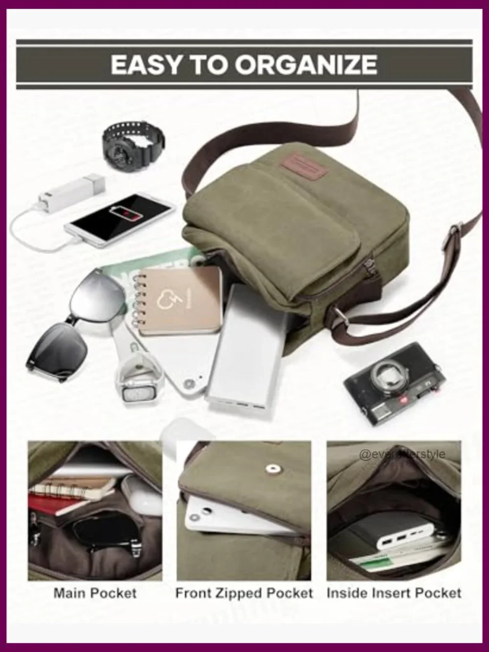 Canvas Messenger Crossbody Bag for Men with Zipper Closure